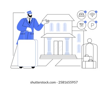 Doorman service isolated cartoon vector illustrations. Smiling doorman welcoming a hotel, hospitality business, professional porter, travel service, happy recreation vector cartoon.