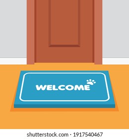 Doormat in front door. House threshold. Element of home decor, front view. Carpet with the welcome text. Greeting and invitation to come in. Vector Illustration.