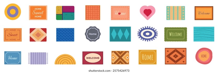  Doormat icons set. Collection of various colorful doormats and rugs with welcome and home sweet home messages, adding a touch of warmth and personality to any house entrance