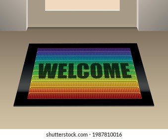 Doormat that says, that you are welcome. Rainbow colored foot mat. Vector illustration.
