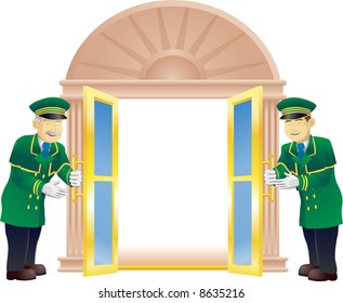 Doormen holding a door open for the viewer like they are a VIP