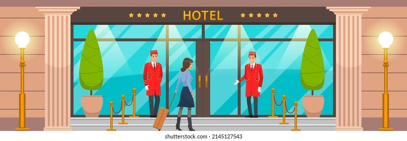 Doormen In Red Uniform Next To Door Inviting To Hotel. Girl With Suitcase Near Entrance To Building. Main Front Entrance To Luxury Hotel. Staff And Guest Of Establishment Near Large Building