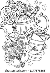 doormouse mad tea party alice in wonderland coloring page vector illustration