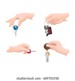 Doors and car keys in human hands set. Mans hand holding modern keys with trinket and car remote alarm on keyring flat vector illustrations isolated on white for real estate, auto and security concept