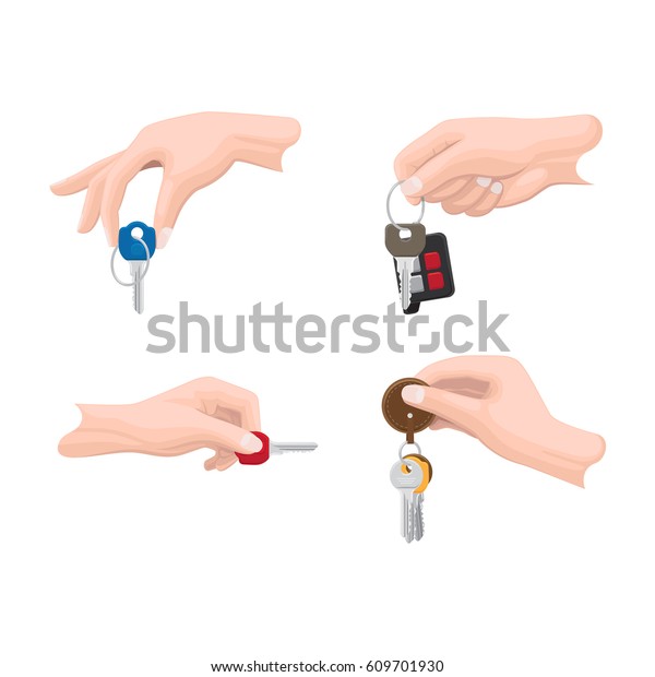 Doors and car keys in human hands set. Mans hand
holding modern keys with trinket and car remote alarm on keyring
flat vector illustrations isolated on white for real estate, auto
and security concept