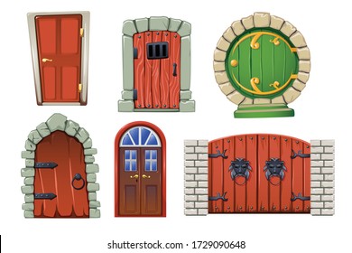 Doors cartoon set with modern and fairytale doors isolated vector illustration