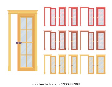 Doors classic set with glass panel, entrance to a building, room. Home and office design concept. Vector flat style cartoon illustration isolated on white background, different views, open and closed