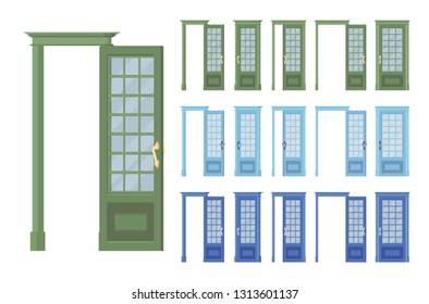 Doors classic set, wooden with glass, entrance to a building, room. Home, office design concept. Vector flat style cartoon illustration isolated on white background, different views, open and closed