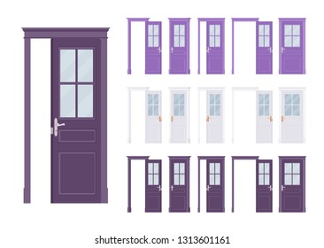 Doors classic set, wooden half glass, entrance to a building, room. Home, office design project idea. Vector flat style cartoon illustration isolated on white background, different views, open, closed