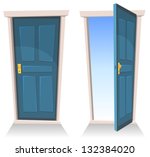 Doors, Closed And Open/ Illustration of a set of cartoon front doors opened and closed with sky background, symbolizing death frontier, paradise or heaven