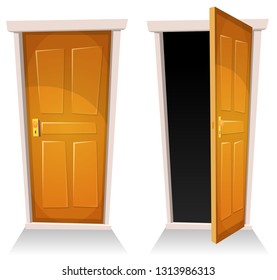 Doors, Closed And Open/ Illustration of a set of cartoon front doors opened and closed with sky background, symbolizing death frontier, paradise or heaven's gate