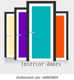 Doors of different colors on a white background. Interiors doors