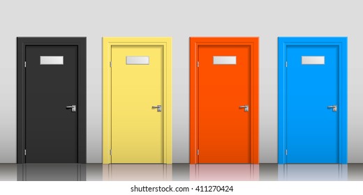 The doors of different colors with signs on a gray wall