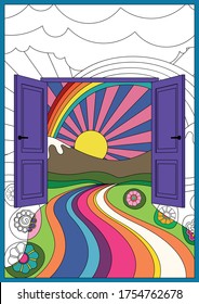 Doors to the Fantasy World, Hippie Art Style Poster, Coloring Book Illustration, Fairy Landscape