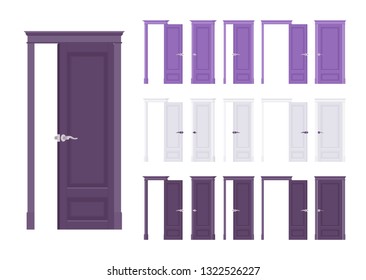 Doors flush classic set, wooden front entrance to building, room. Home, office design concept. Vector flat style cartoon illustration isolated on white background, different views, open and closed