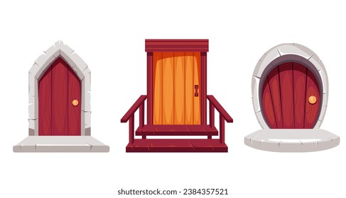 Doors game house front view doorway isolated set. Vector flat graphic design illustration	
