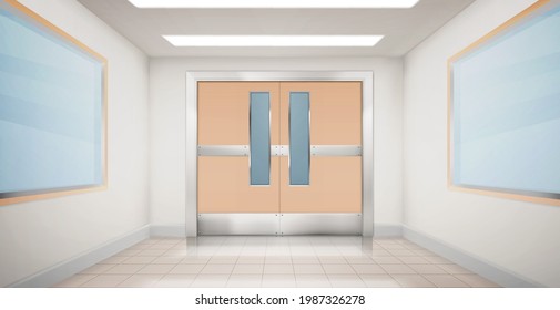Doors in hallway of hospital, laboratory or school. Empty corridor interior with double metal doorway and wide rectangular windows on walls in hall with tiled floor, Realistic 3d vector illustration