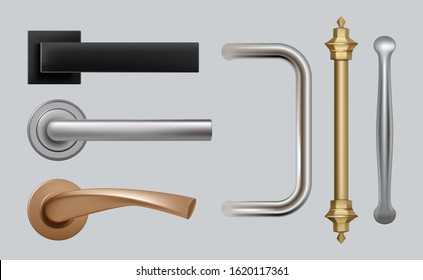 Doors handles. Modern detailed high quality vector pictures steel metal handles for furniture