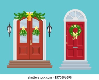 Doors of a house decorated for Christmas. Christmas mood. Vector illustration