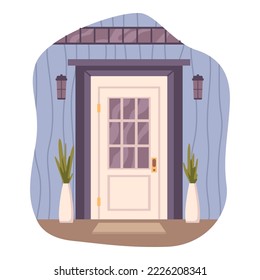 Doors of house, isolated entrance to home. Porch with mat and houseplants, lanterns hanging on wall. Exterior design, decoration of front view. Vector in flat style