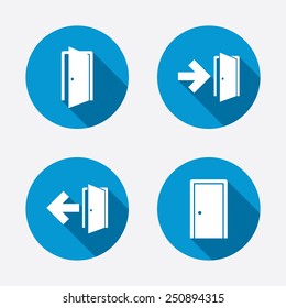 Doors icons. Emergency exit with arrow symbols. Fire exit signs. Circle concept web buttons. Vector