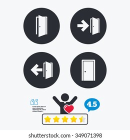 Doors icons. Emergency exit with arrow symbols. Fire exit signs. Star vote ranking. Client like and think bubble. Quotes with message.