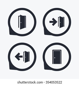 Doors icons. Emergency exit with arrow symbols. Fire exit signs. Flat icon pointers.
