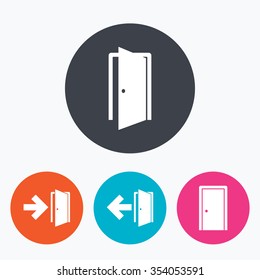 Doors icons. Emergency exit with arrow symbols. Fire exit signs. Circle flat buttons with icon.