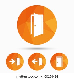Doors icons. Emergency exit with arrow symbols. Fire exit signs. Triangular low poly buttons with shadow. Vector