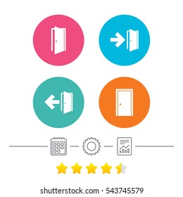 Doors icons. Emergency exit with arrow symbols. Fire exit signs. Calendar, cogwheel and report linear icons. Star vote ranking. Vector