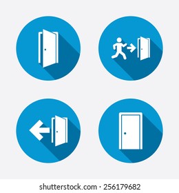 Doors icons. Emergency exit with human figure and arrow symbols. Fire exit signs. Circle concept web buttons. Vector