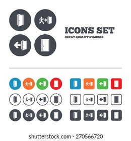 Doors icons. Emergency exit with human figure and arrow symbols. Fire exit signs. Web buttons set. Circles and squares templates. Vector
