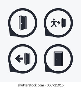 Doors icons. Emergency exit with human figure and arrow symbols. Fire exit signs. Flat icon pointers.