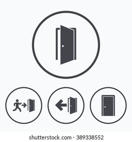 Doors icons. Emergency exit with human figure and arrow symbols. Fire exit signs. Icons in circles.