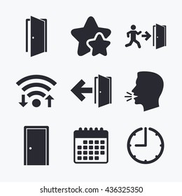 Doors icons. Emergency exit with human figure and arrow symbols. Fire exit signs. Wifi internet, favorite stars, calendar and clock. Talking head. Vector