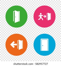 Doors icons. Emergency exit with human figure and arrow symbols. Fire exit signs. Round buttons on transparent background. Vector