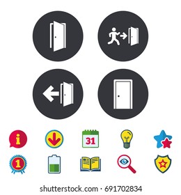 Doors icons. Emergency exit with human figure and arrow symbols. Fire exit signs. Calendar, Information and Download signs. Stars, Award and Book icons. Light bulb, Shield and Search. Vector
