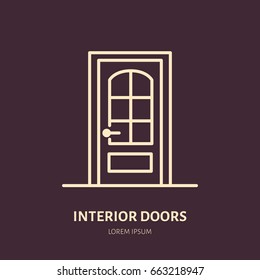 Doors installation logo, repair flat line icon. Interior design thin linear sign for house decor shop, handyman service.
