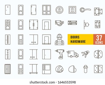 Doors installation, Outline web repair line icons set. Editable stroke. Handle, fireprof door, folding, entrance, glass door,  latch, lock, hinges. Interior design thin linear signs for house