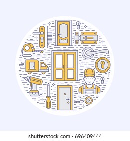 Doors installation, repair banner illustration. Vector line icons of handle, latch, lock, hinges. Circle template with thin linear signs for house decor shop, handyman service.