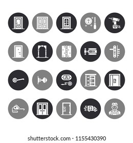 Doors installation, repair flat glyph vector icons. Various door types, handle, latch, lock, hinges. Interior design solid signs for house decor shop, handyman service.