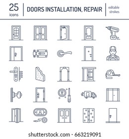 Instalación de puertas, reparar iconos de línea. Manecilla, pestillo, cerradura, bisagras. Diseño interior delgadas señales lineales para la tienda de decoración de la casa, servicio de mano.