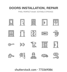 Doors installation, repair line icons. Various door types, handle, latch, lock, hinges. Interior design thin linear signs for house decor shop, handyman service. Pixel perfect 64x64.