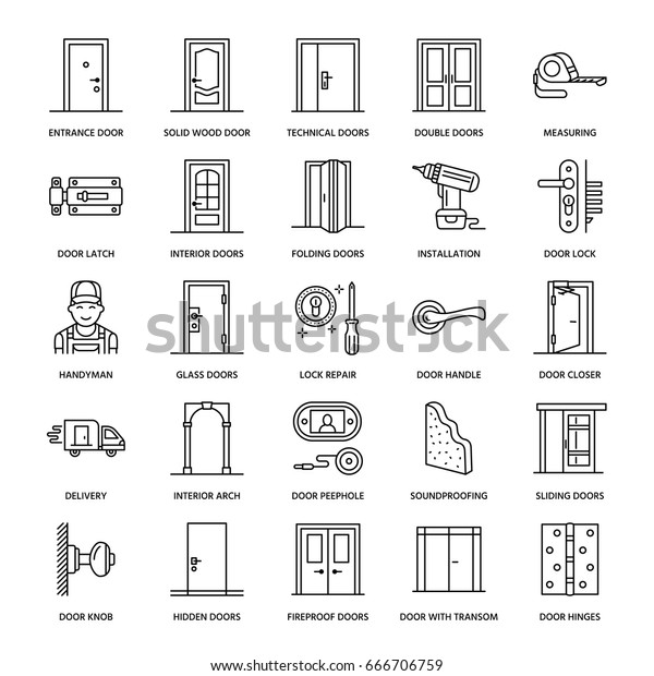 Doors Installation Repair Line Icons Handle Stock Vector