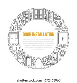 Doors installation signs, repair banner illustration. Vector line icon of handle, latch, lock, hinges. Circle template with place for text, interior design shop, handyman service.