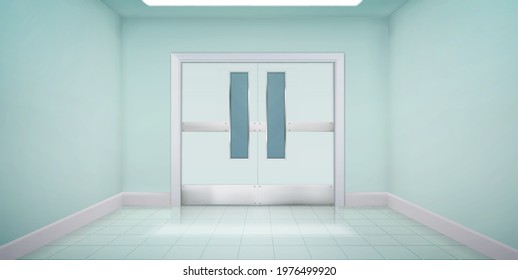 Doors in laboratory, kitchen, hospital or school corridor. Empty interior with double metal doorway with rectangular windows, hall with white walls and tiled floor, Realistic 3d vector illustration