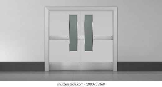 Doors In Laboratory, Kitchen, Hospital Or School Corridor. Empty Interior With Double Metal Doorway With Rectangular Windows, Hall With White Walls And Tiled Floor, Realistic 3d Vector Illustration