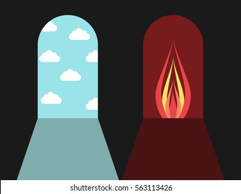 Doors leading to blue sky with clouds and red darkness with fire. Hell and heaven, sin and death concept. Flat design. Vector illustration. EPS 8, no transparency