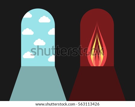 Doors leading to blue sky with clouds and red darkness with fire. Hell and heaven, sin and death concept. Flat design. Vector illustration. EPS 8, no transparency