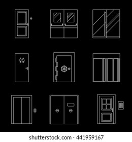 Doors line icons on black background. Vector thin illustrations of doors.
